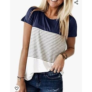 Yun Jey Women's Blue White Grey Stripe Short Sleeve T- Shirt - Size Large
